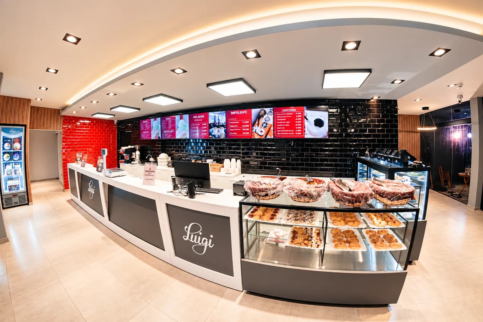 El mostrador de un local Luigi con la vitrina de pastelería, la cartelería digital y la barra de cafetería.